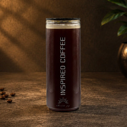 A tall, slim insulated coffee cup with a dark brown body and a black lid, standing on a textured brown surface. The cup has vertical white text reading 'INSPIRED COFFEE' and a small 'choose joy' logo near the bottom.